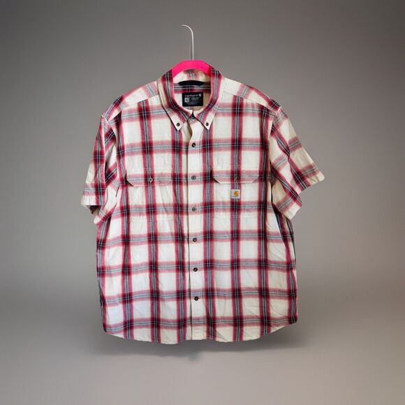 Carhartt Other - Carhartt XL Short Sleeve Plaid Shirt Red White Loose Fit Workwear Button Up